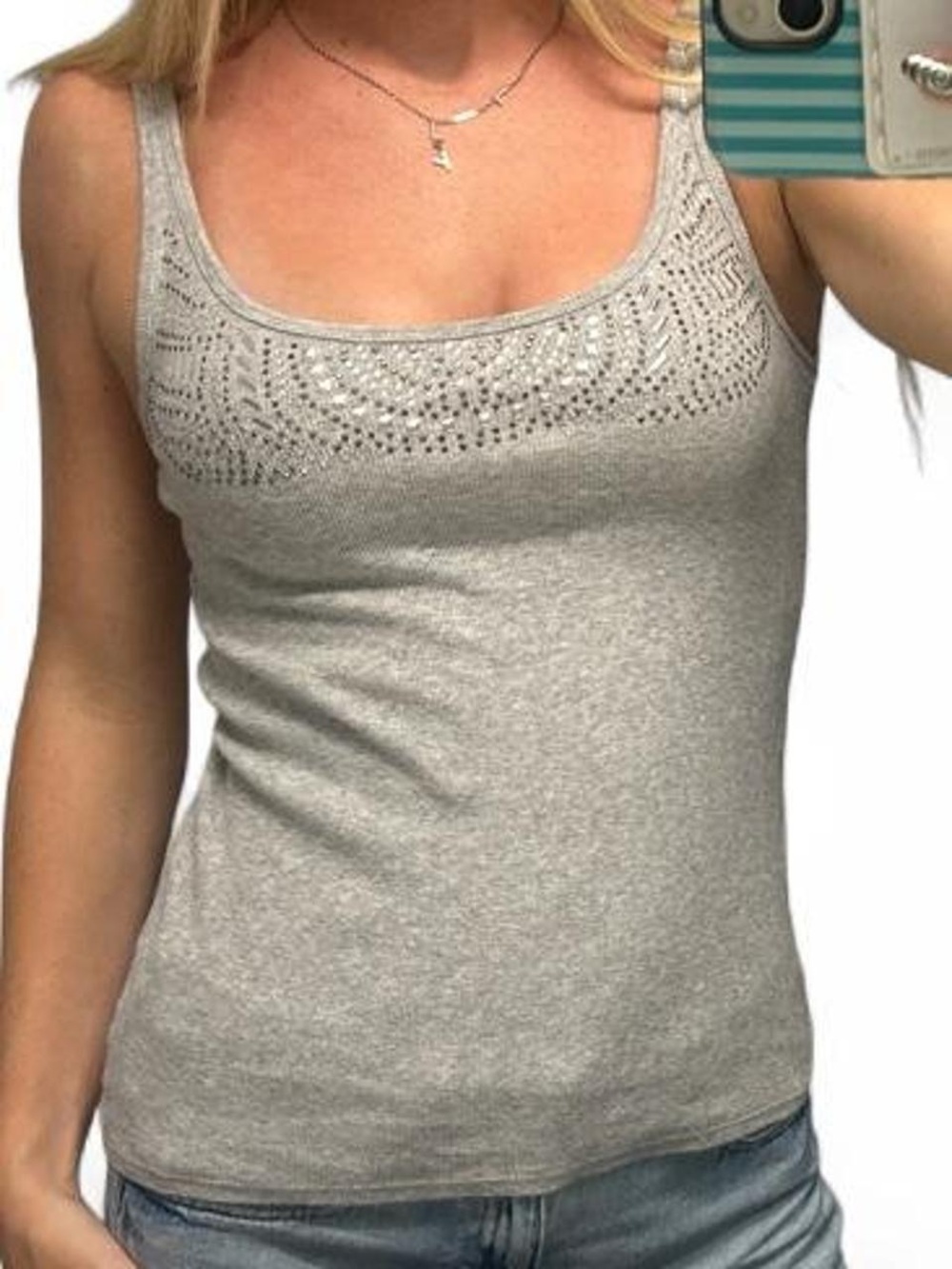New York & Company gray cotton & spandex tank top with rhinestone